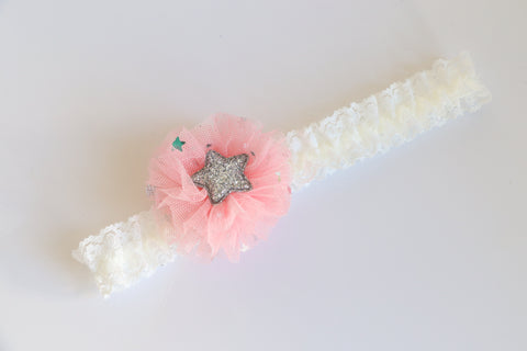 Beautiful Pink Tulle Bow with Glitter Star Baby Headband (BB175)