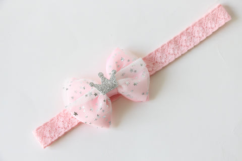 Pink Bow with Glitter Silver Star Baby Headband (BB93)