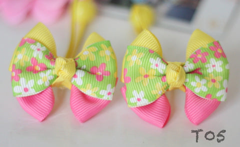 Yellow and Pink Floral-print Hair Ties (T05)