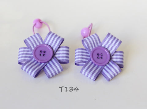 Purple Striped-Bow with Button Hair Ties (T134)