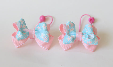 Pink and Light Blue Floral Bow Ponytail Holders（T159)