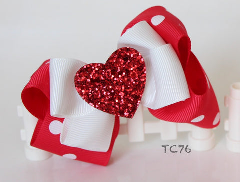 Glitter Heart and Red Big Bow Hair Clips (TC76-TC77)