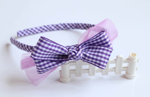 Purple Gingham Bow Headband (Q182)