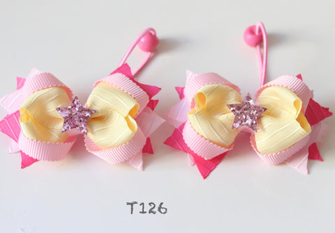 Classic Pink and Yellow Bow Hair Ties (T126)