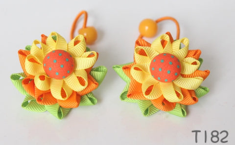 Yellow and Orange Flower Bow Hair Ties (T182)