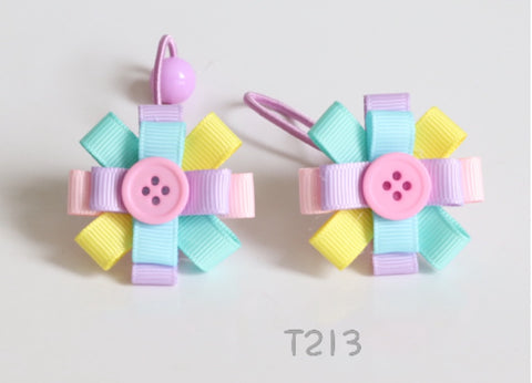 Colorful Bow with Pink Button Hair Ties (T213)