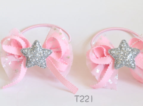 Pink with Glitter Silver Star Hair Ties (T221)