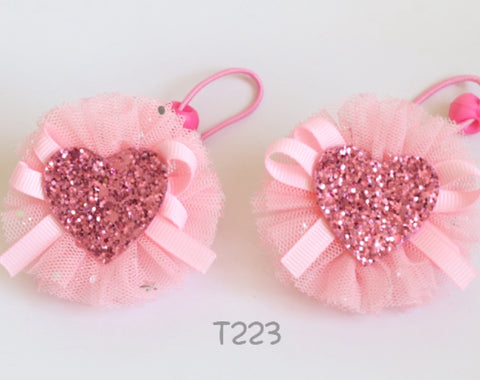 Glitter Pink Heart with Pink Tulle Hair Ties (T223)